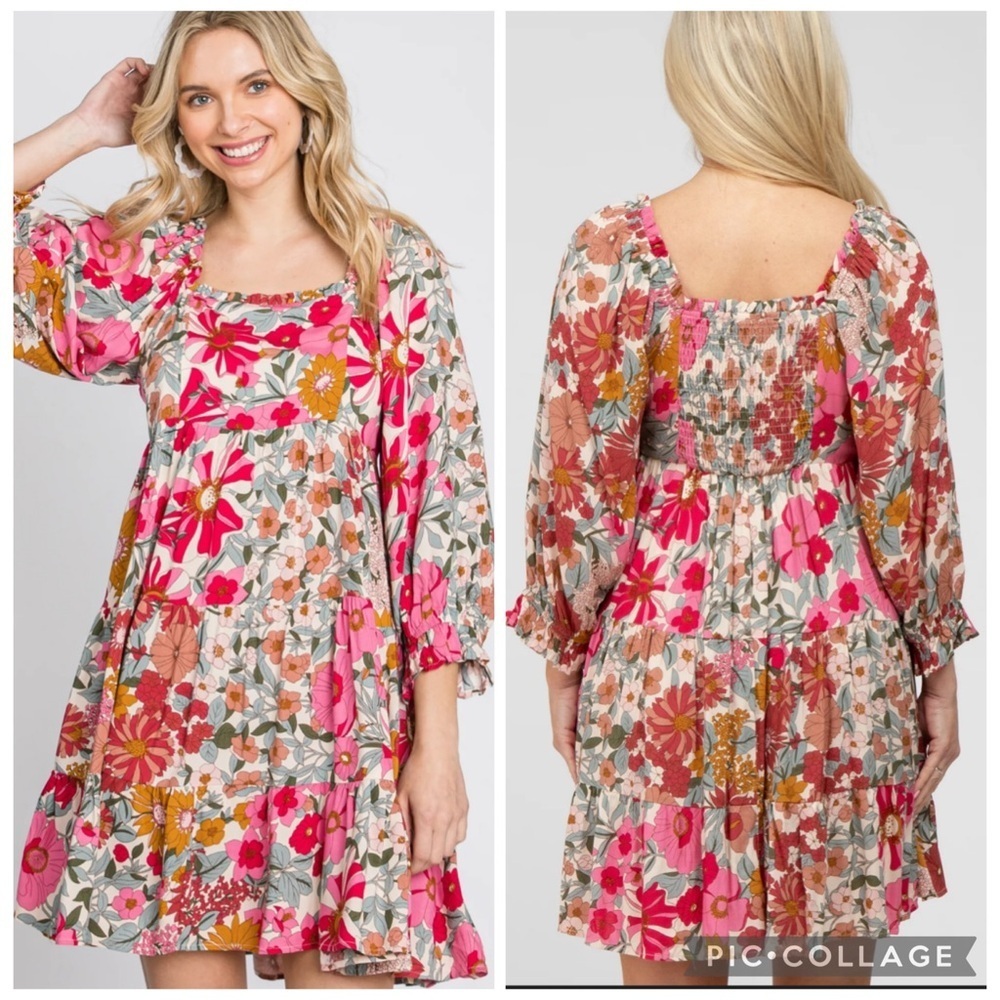 Jodifl Floral Smocked Babydoll Dress Pink Boho Mini Size L